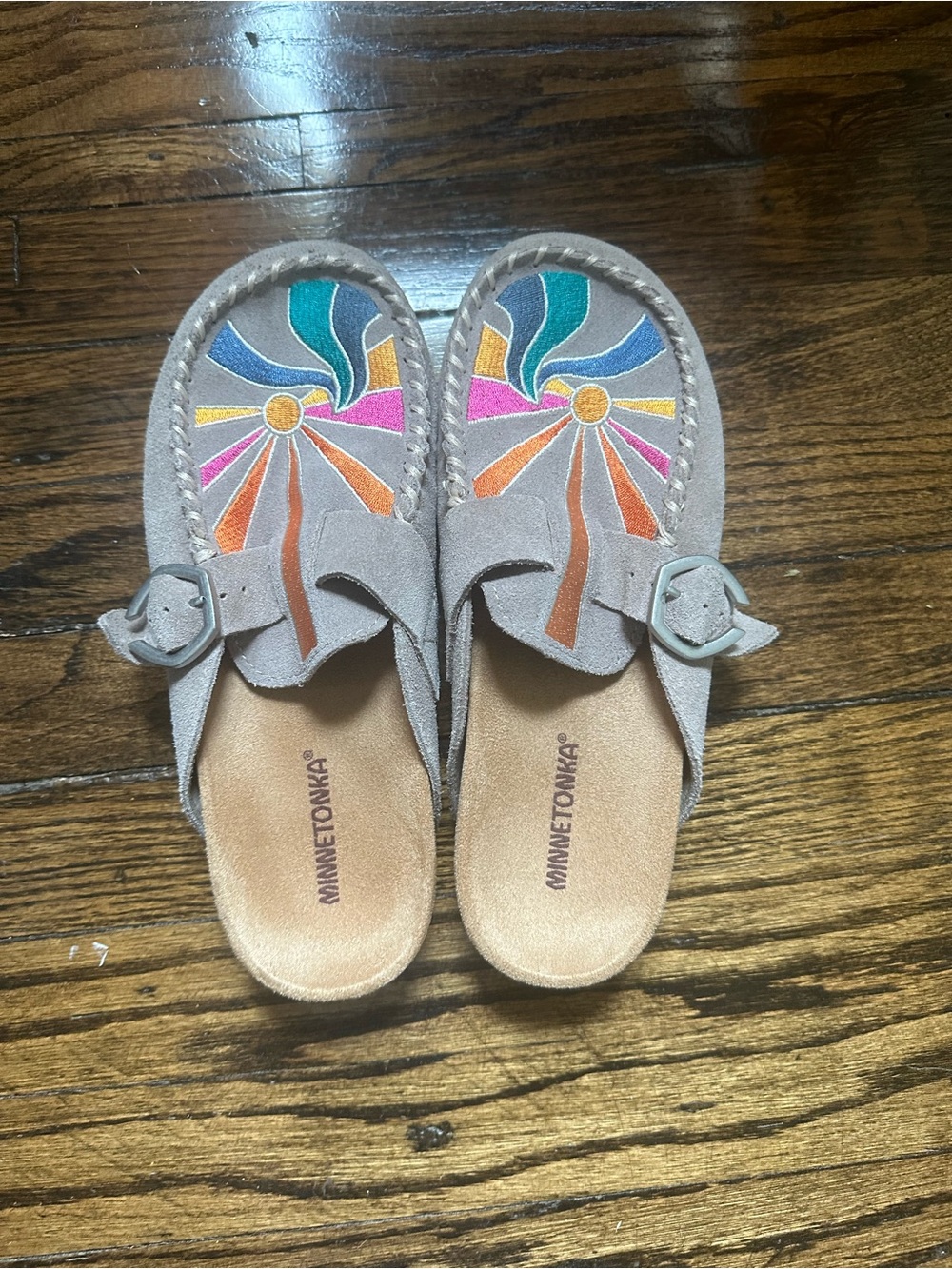 Minnetonka Gray Suede Moccasins with Multicolor Sunburst Embroidery